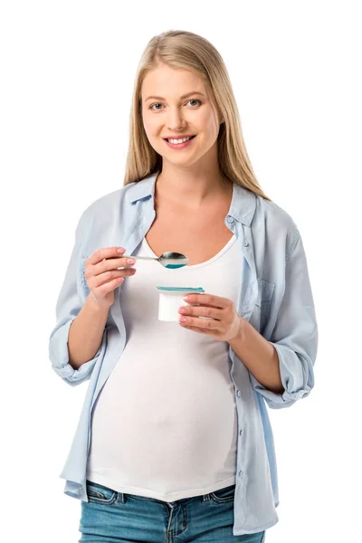 Счастливая Беременная Женщина Ест Йогурт Изолирован Белом — Бесплатное стоковое фото