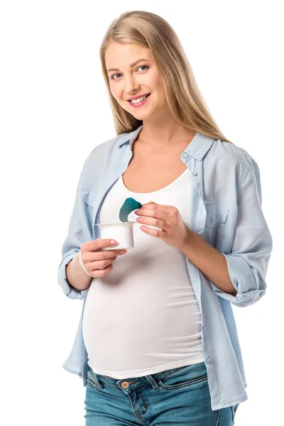 Happy Beautiful Pregnant Woman Holding Yogurt Isolated White — Free Stock Photo