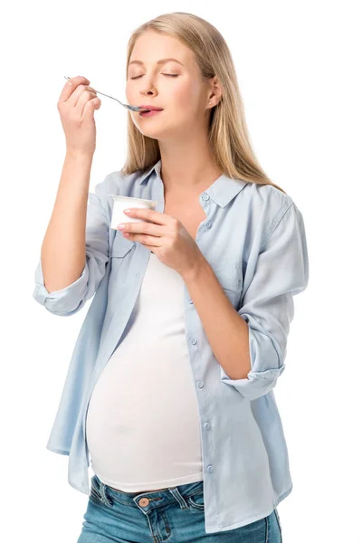 Attractive Pregnant Woman Closed Eyes Eating Yogurt Isolated White — Stock Photo, Image