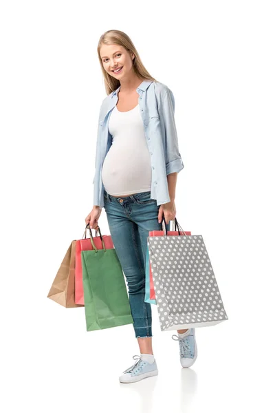 Pregnant Customer Holding Shopping Bags Isolated White — Stock Photo, Image