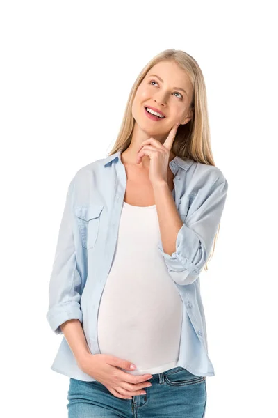 Мечтательная Беременная Женщина Смотрит Вверх Изолированы Белом — стоковое фото
