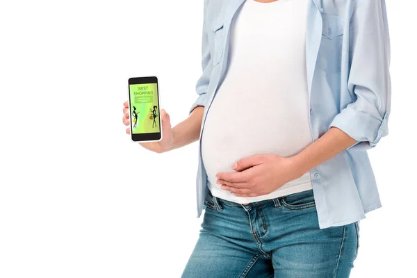 最高のショッピングの白で隔離アプリとスマート フォンを示す妊娠中の女性のトリミング ビュー — ストック写真