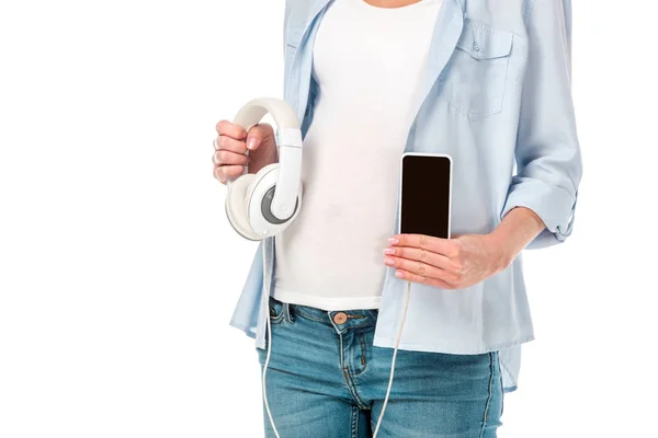 Cropped View Pregnant Woman Holding Headphones Showing Smartphone Blank Screen — Free Stock Photo