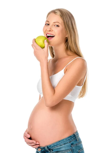 Attractive Pregnant Woman Eating Green Healthy Apple Isolated White — Stock Photo, Image