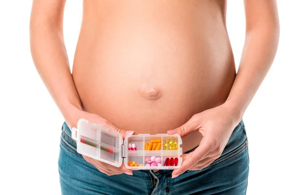 Vue Recadrée Femme Enceinte Tenant Boîte Pilules Avec Des Vitamines — Photo