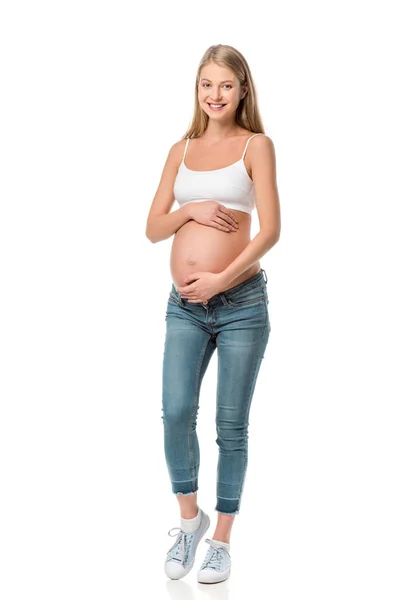 Atraente Sorrindo Mulher Grávida Tocando Sua Barriga Isolada Branco — Fotografia de Stock