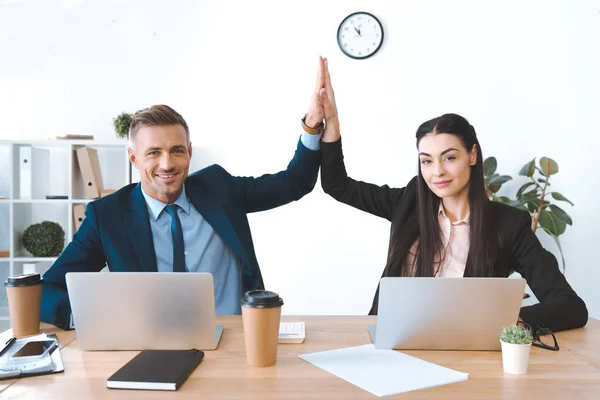 Portrait Business Colleagues Giving High Five Each Other Workplace Laptop — Stock Photo, Image