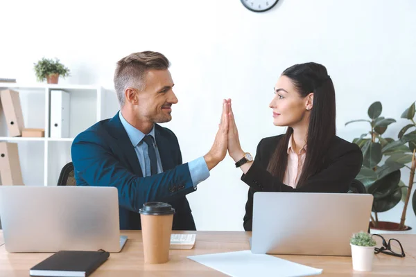Portrait Business Colleagues Giving High Five Each Other Workplace Laptop — Stock Photo, Image
