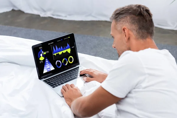 Zadní Pohled Dospělého Člověka Ležím Posteli Pomocí Přenosného Počítače Infografika — Stock fotografie