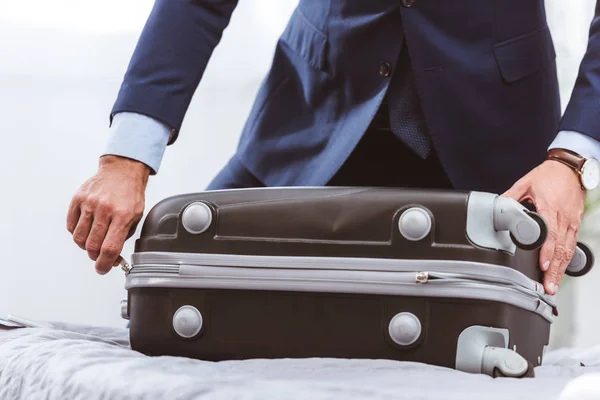 Cropped Shot Businessman Suit Packing Suitcase Bed — Stock Photo, Image