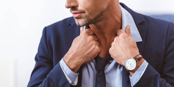 cropped shot of man in suit wearing necktie at home 