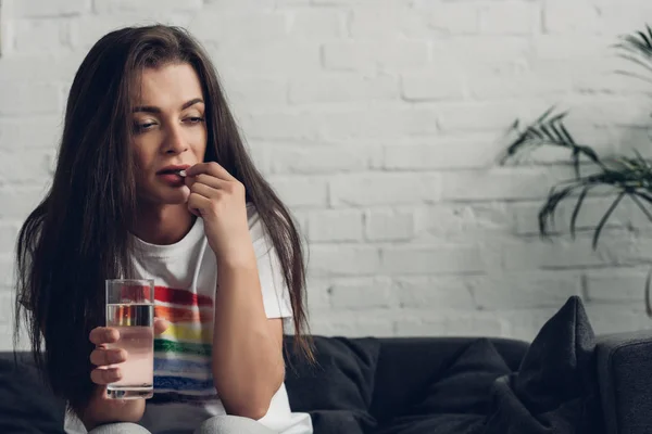 Depressed Young Transgender Woman Taking Pill Couch — Stock Photo, Image