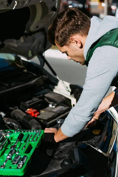 Young Man Toolbox Fixing Broken Car Engine — Stock Photo, Image
