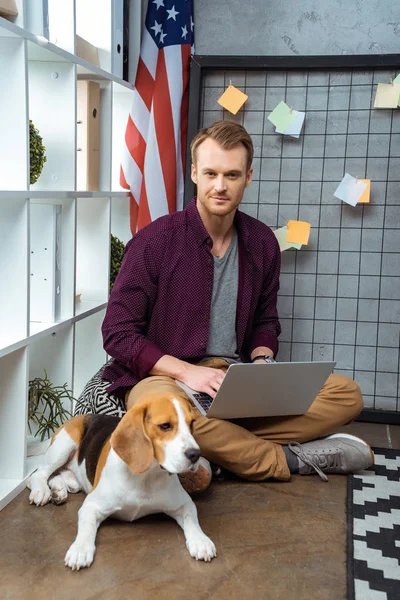 Feliz Freelancer Masculino Trabajando Ordenador Portátil Mientras Beagle Sentado Cerca — Foto de stock gratis