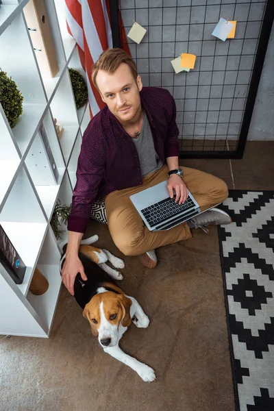 Vista Ángulo Alto Freelancer Masculino Con Portátil Tocando Beagle Cerca — Foto de Stock