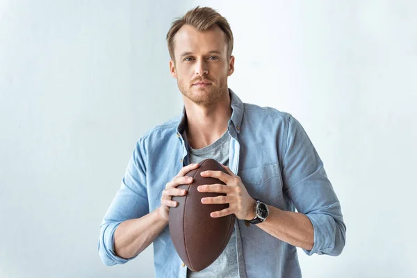 Confident Handsome Man Holding Rugby Ball Looking Camera Wall — Stock Photo, Image