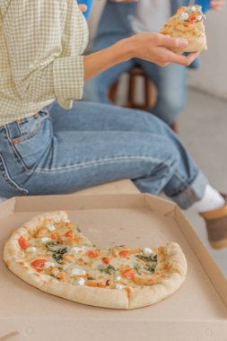 cropped shot of woman holding tasty pizza at new home clipart