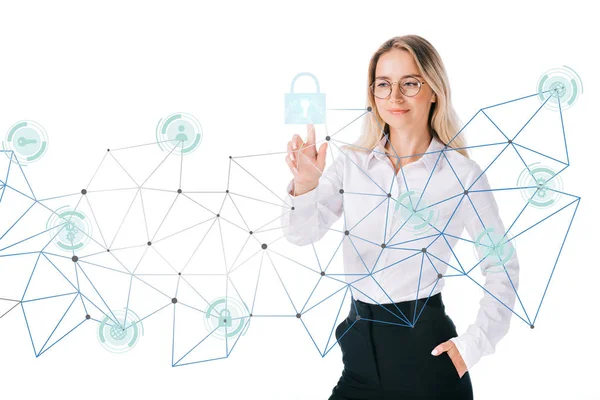 Retrato Una Mujer Negocios Sonriente Ropa Formal Apuntando Letrero Seguridad — Foto de Stock