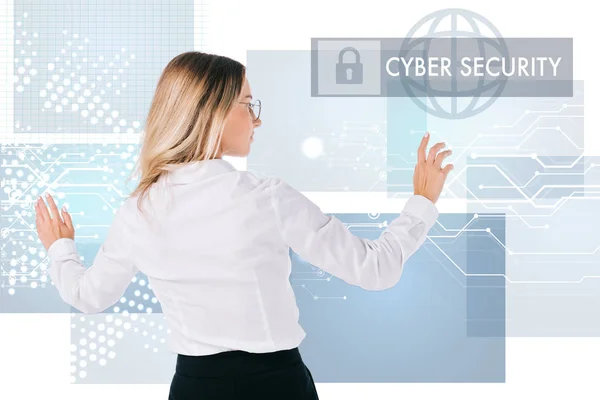 Back View Businesswoman Eyeglasses Pointing Cyber Security Sign Isolated White — Stock Photo, Image