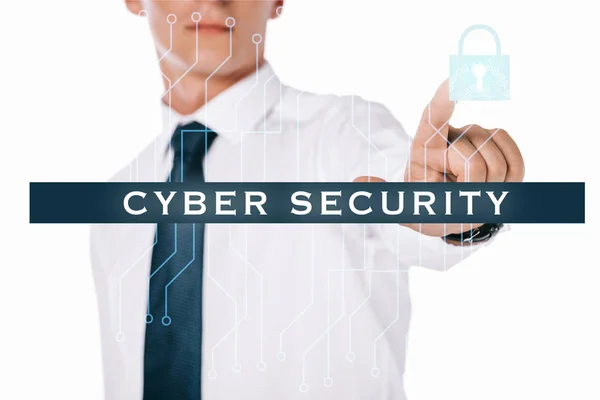 Partial View Businessman Pointing Cyber Security Sign Isolated White — Stock Photo, Image