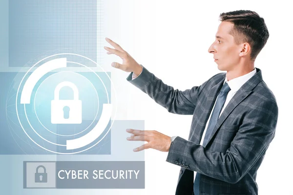 Side View Businessman Suit Pointing Cyber Security Sign Isolated White — Stock Photo, Image