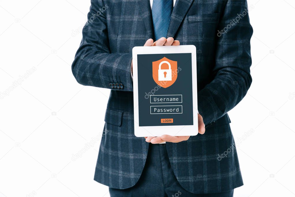 cropped shot of businessman showing tablet with cyber security sign on screen isolated on white