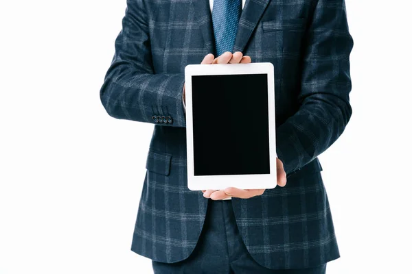Abgeschnittene Aufnahme Von Geschäftsmann Zeigt Tablet Mit Leerem Bildschirm Isoliert — Stockfoto
