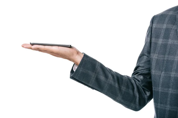 Beskuren Bild Affärsman Som Håller Smartphone Palm Isolerad Vit — Stockfoto
