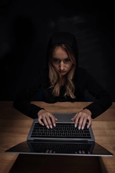 Donna Con Cappuccio Nero Utilizzando Computer Portatile Concetto Sicurezza Informatica — Foto stock gratuita