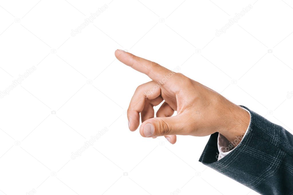 croppped shot of businessman gesturing isolated on white