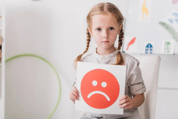 Close Portrait Lonely Little Child Holding Sad Face Symbol — Stock Photo, Image