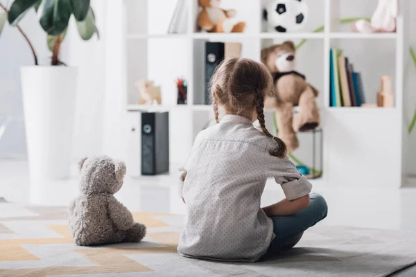 Rear View Lonely Little Child Sitting Floor Teddy Bear — Stock Photo, Image