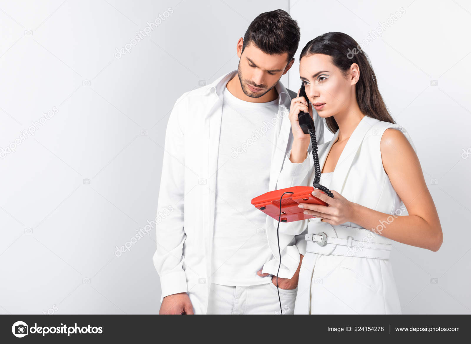 Adult Couple Total White Vintage Red Telephone Handset Answering Call