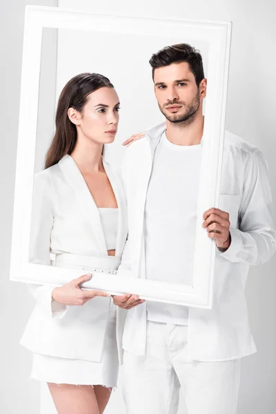 Adult Couple Total White Posing Frame — Free Stock Photo