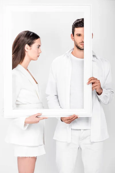Adult Couple Holding White Frame Together Isolated White — Stock Photo, Image