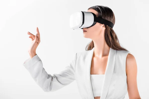 Close Adult Woman Gesturing Virtual Reality Headset Isolated White — Stock Photo, Image