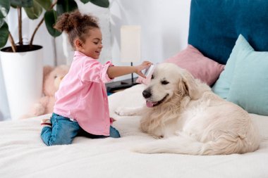 curly african american child sitting on the bed and shows smartphone screen to retriever clipart