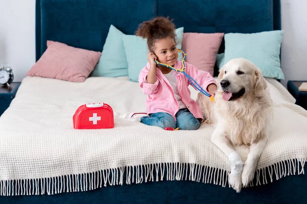 Cute African American Child Playing Doctor Her Golden Retriever — Stock Photo, Image