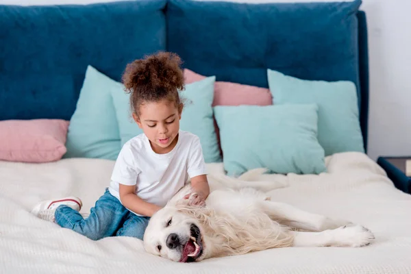 Bedårande Liten Afroamerikanska Kid Petting Glad Hund Sittande Sängen — Stockfoto