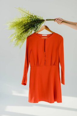 el tutma askı kırmızı şık elbise ve yeşil bitkiler ile