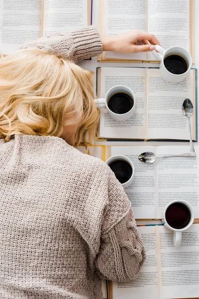 Close Tired Woman Laying Clock Made White Cups Coffee Spoons — Stock Photo, Image