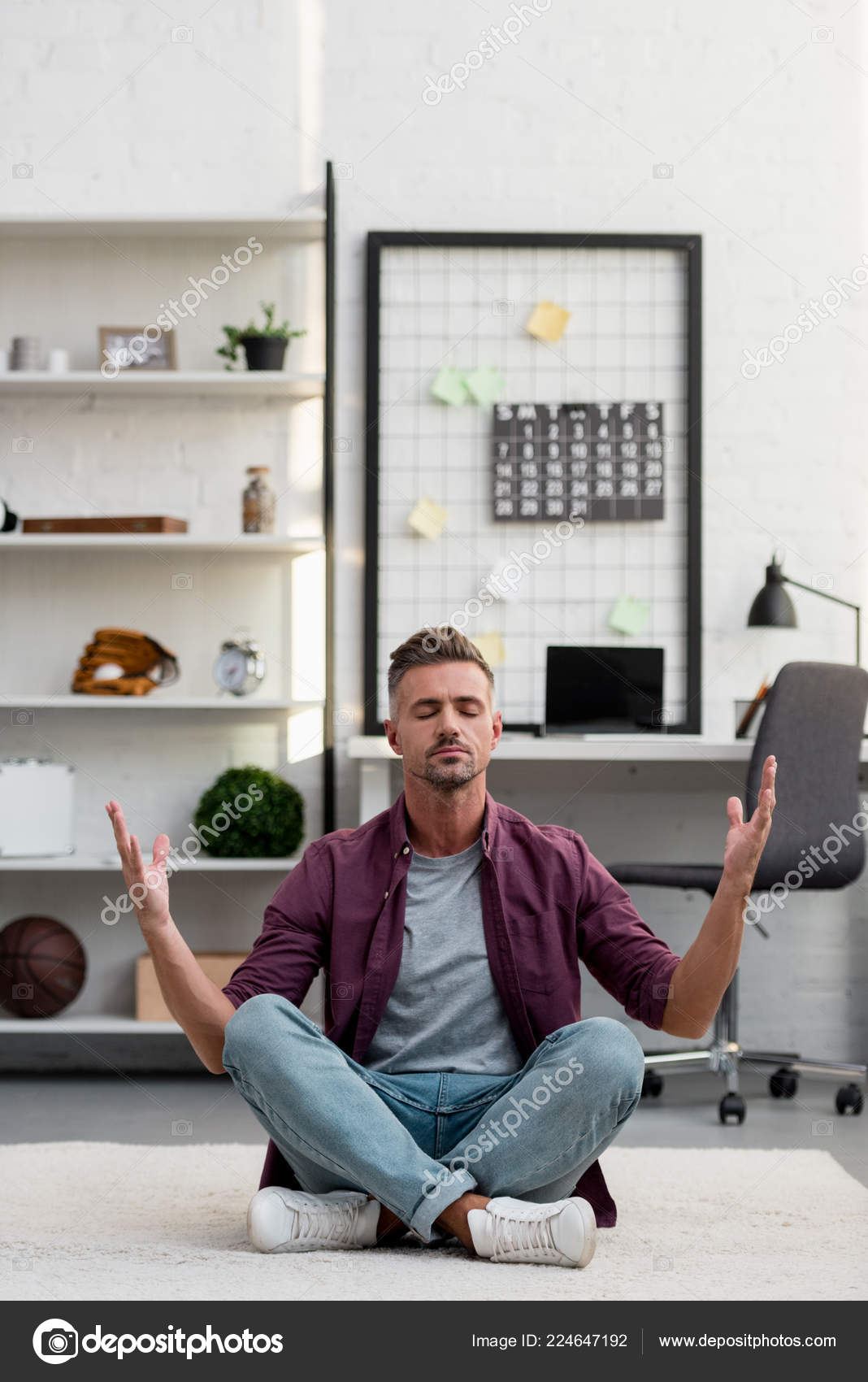 Man Sitting Floor Practicing Yoga Home Office Stock Photo by