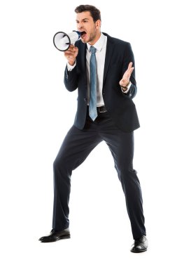 angry businessman screaming at loudspeaker isolated on white clipart