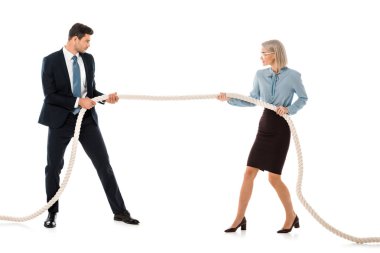 businesspeople in formal wear playing tug of war isolated on white clipart
