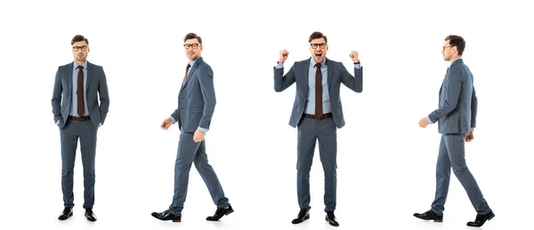 Collage Hombre Negocios Adulto Traje Caminando Pie Con Diferentes Emociones —  Fotos de Stock