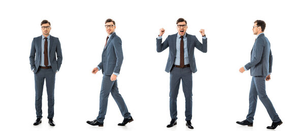 collage of adult businessman in suit walking and standing with different emotions isolated on white