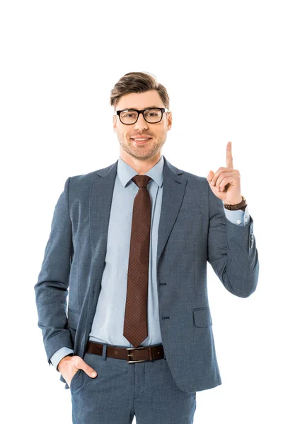 Cheerful Businessman Glasses Suit Pointing Upwards Isolated White — Stock Photo, Image