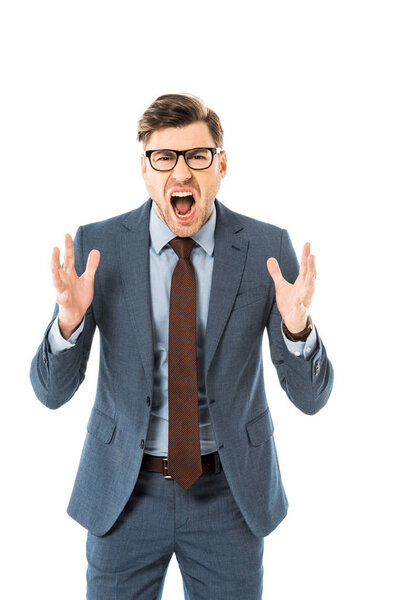 aggressive boss in glasses and suit screaming isolated on white