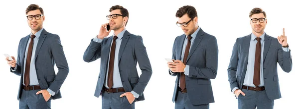 Κολάζ Όμορφος Επιχειρηματίας Χρησιμοποιώντας Smartphone Και Χειρονομώ Απομονωθεί Λευκό — Φωτογραφία Αρχείου