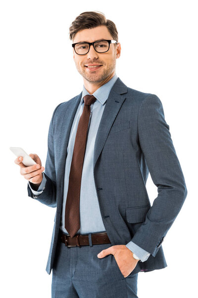 adult businessman using smartphone isolated on white